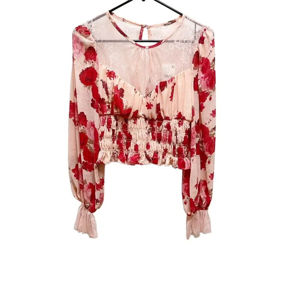 Free People Boho Daphne Pink Floral Long Sleeve Smocked Crop Top Medium NWT